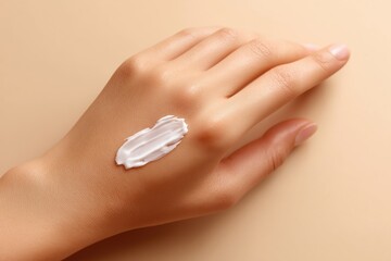 Close-up of woman hand with white moisturizing cream applied on the back of the hand, skincare and beauty treatment concept