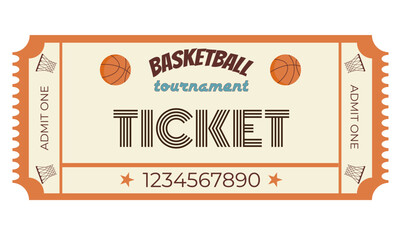 Sports competition ticket, basketball tournament, vector, basketball basket, basketball ball, retro