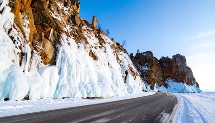 Winter Road Beside Icy Cliffs