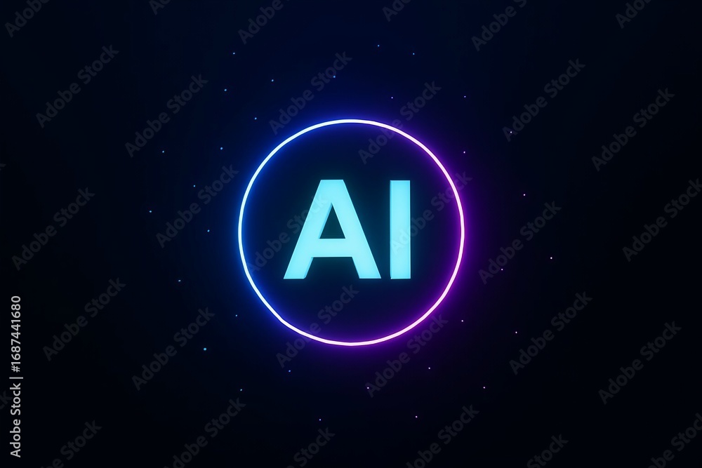 Aufkleber futuristic glowing neon circle with ai text inside on a dark background with subtle particles