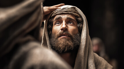 Jesus heals the blind beggar Bartimaeus outside Jericho, his eyes opening as he throws off his cloak in joy under the sunlit gates..