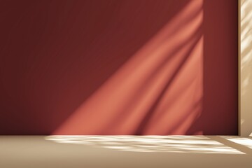 Minimal modern studio background with dark red textured wall and light beige marble surface illuminated by natural sunlight shadows