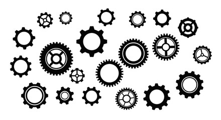 A collection of various gear shapes, rendered in black, scattered on a white background.