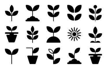 Collection of Black and White Icons Representing Plant Growth and Gardening