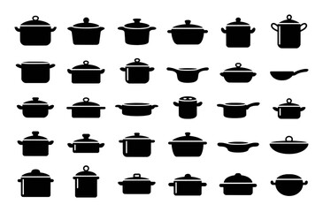 Collection of Black and White Icons Representing Various Cooking Pots and Pans