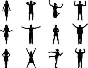 Silhouette people in various poses, vector illustration of men and women body language, standing, walking, jumping, dancing, communication concept, editable human figure artwork