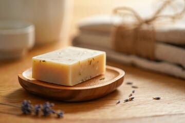 Close-up of a handmade natural soap bar with herbs, resting on a wooden dish. Lavender sprigs scattered nearby, soft towels in the background, warm sunlight creating a cozy and calming atmosphere