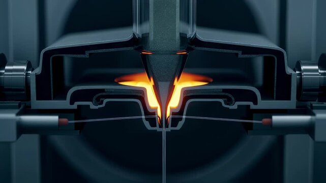 Cross section illustration capturing inner glow of glass preform as it is melted and drawn into ultrafine optical fiber within the industrial drawing tower.