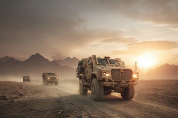 Military Convoy on Dusty Road: Desert Sunset