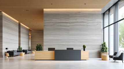 Modern office reception area with a wooden desk, stylish seating, indoor plants and large windows.