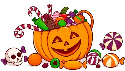 Happy halloween pumpkin bucket overflowing with candy and treats