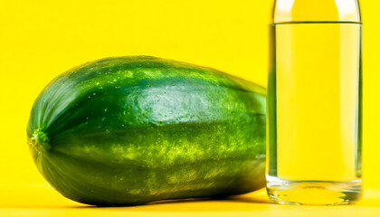 Healthy and refreshing lime, lemon and lime fruit drink with cucumber melon on a yellow background