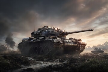 Tank in Muddy Field: Battle-Scarred, Dramatic