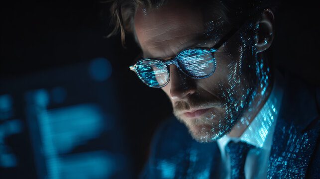 executive man professional in formal attire examining data displayed on screen hologram futurist concept digital technology office work corporate career innovation business analysis visualization