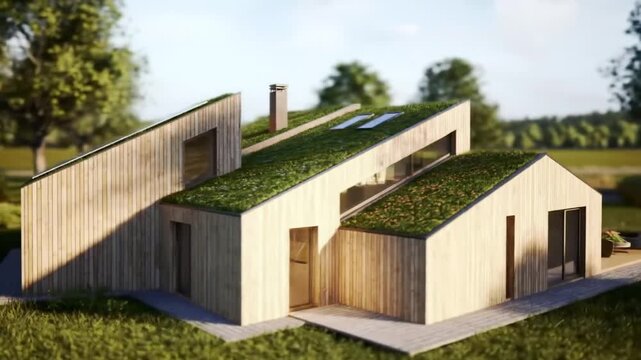 Sustainable Modern Home with a Living Green Roof and Solar Panels.