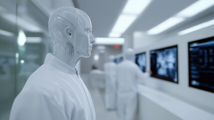 Inside a pristine, white, futuristic laboratory, transparent surfaces and sleek equipment reflect advanced science, innovation, and the cutting-edge pursuit of knowledge..
