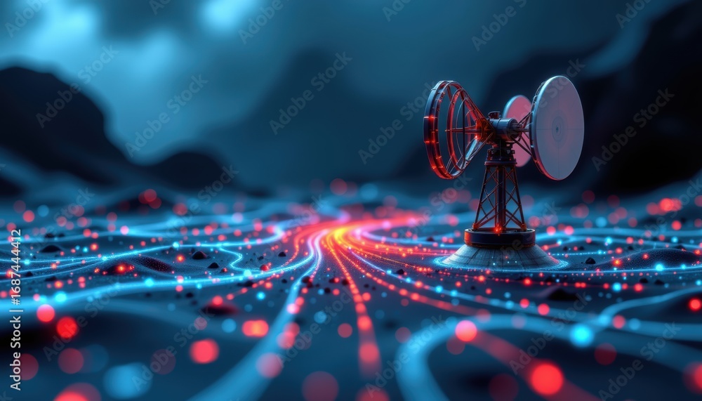 Poster exploring radiofrequency spectrum visualization tech lab digital art futuristic aerial view innovati