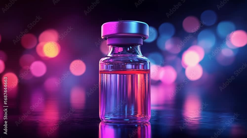 Aufkleber vial reflecting on wet surface with colorful bokeh background