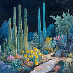 cactus garden in watercolor, illustration