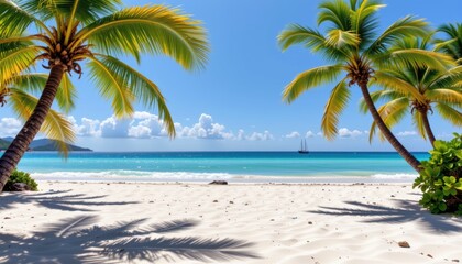 Fototapeta premium Relaxing Tropical Beach Scene with Palm Trees Crystal Clear Waters Sunny Day Paradise Island Getaway