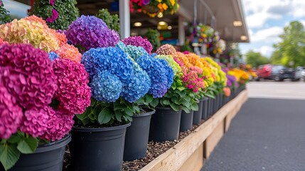 Fototapeta premium Vibrant Hydrangea Display at Outdoor Garden Center.