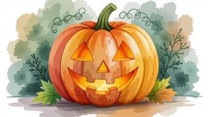 Vibrant Halloween Pumpkin Watercolor with mischievous grin, triangular eyes, glowing orange light. Concept of Halloween Pumpkin Watercolor celebrating festive spirit.