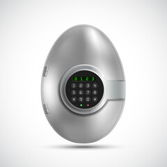 Metal armored safe door like an egg with a combination lock. Isolated on white background. Vector illustration.