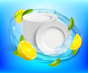 Dishwashing liquid with lemon around clean plates. Vector illustration.
