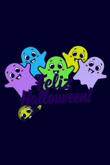 Fototapeta premium Cute cartoon ghosts celebrating with feliz cumpleanos text