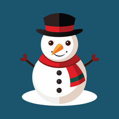 A friendly snowman wearing a black top hat and a festive red scarf.