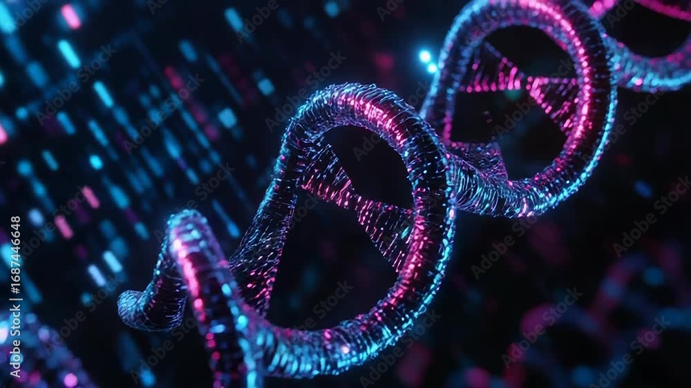 Aufkleber glowing dna helix rotating on dark background with data stream