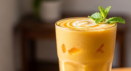 Refreshing orange smoothie topped with fresh mint leaves in a tall glass