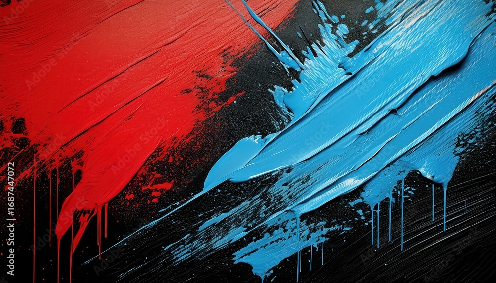 Poster abstract red black and blue paint streaks with dynamic texture and vibrant color splashes for backgr
