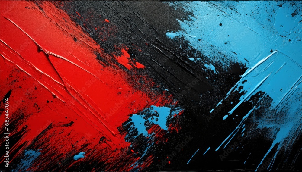 Poster abstract red black and blue paint streaks with dynamic texture and vibrant color splashes for backgr
