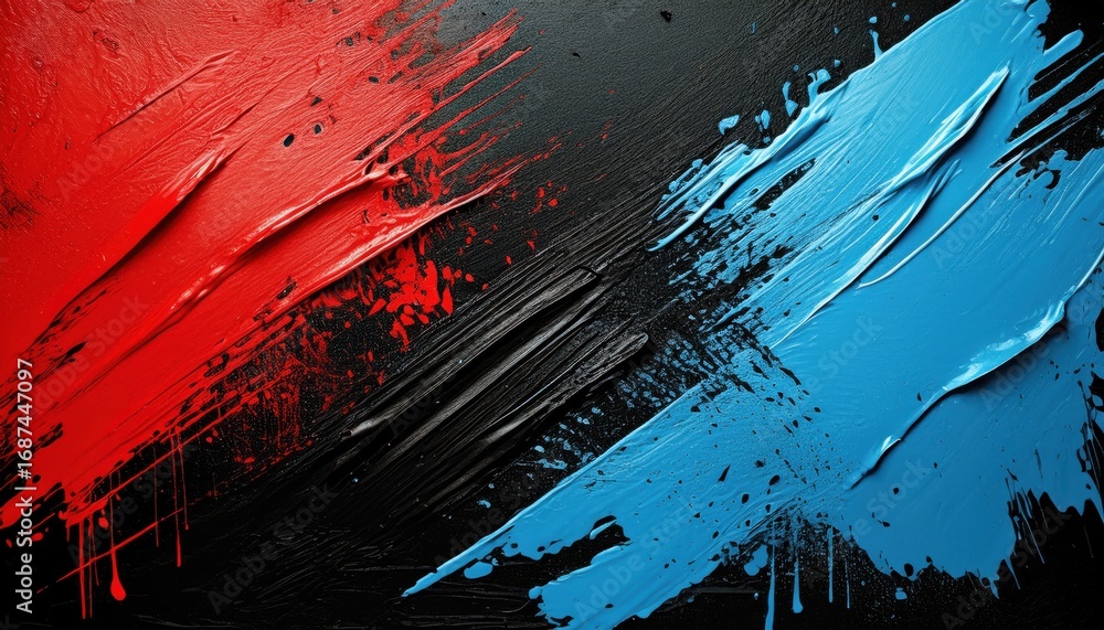 Poster abstract red black and blue paint streaks with dynamic texture and vibrant color splashes for backgr