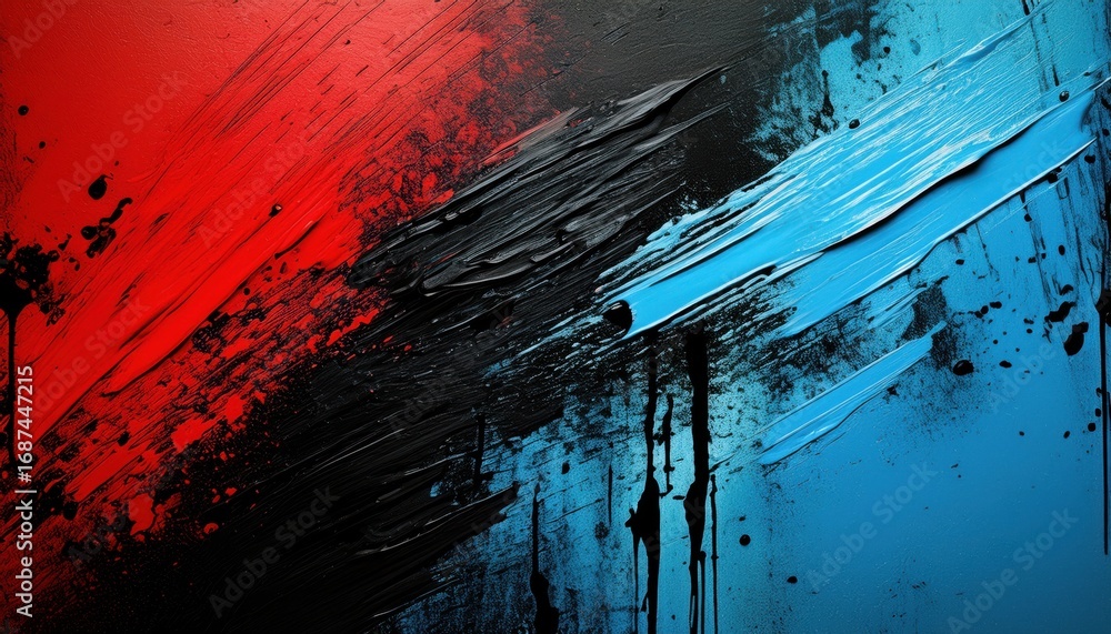 Poster abstract red black and blue paint streaks with dynamic texture and vibrant color splashes for backgr