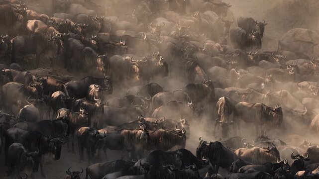 The great migration of wildebeest and zebra over the Mara River in Africa
