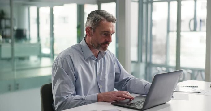 Research, reading and laptop with business man in office for review, risk assessment or planning. Insurance claims, policy payout and broker with mature person in agency for premium update and online