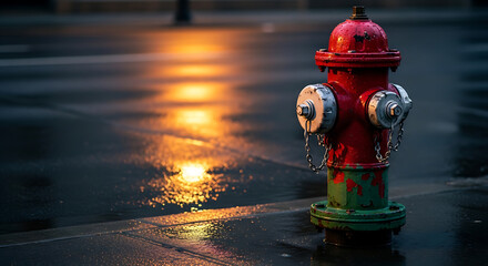 Red Fire Hydrant Stands Tall on Wet City Street at Dusk