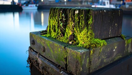 Wooden dock post covered in moss