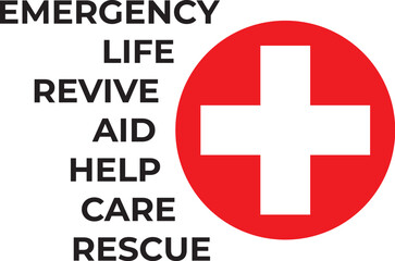 A bold, circular red and white medical cross logo with a list of healthcare-related words, symbolizing urgent medical care, first aid, and life-saving assistance