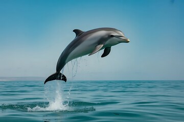 Fototapeta premium A dolphin leaping out of the water in the ocean on a sunny day