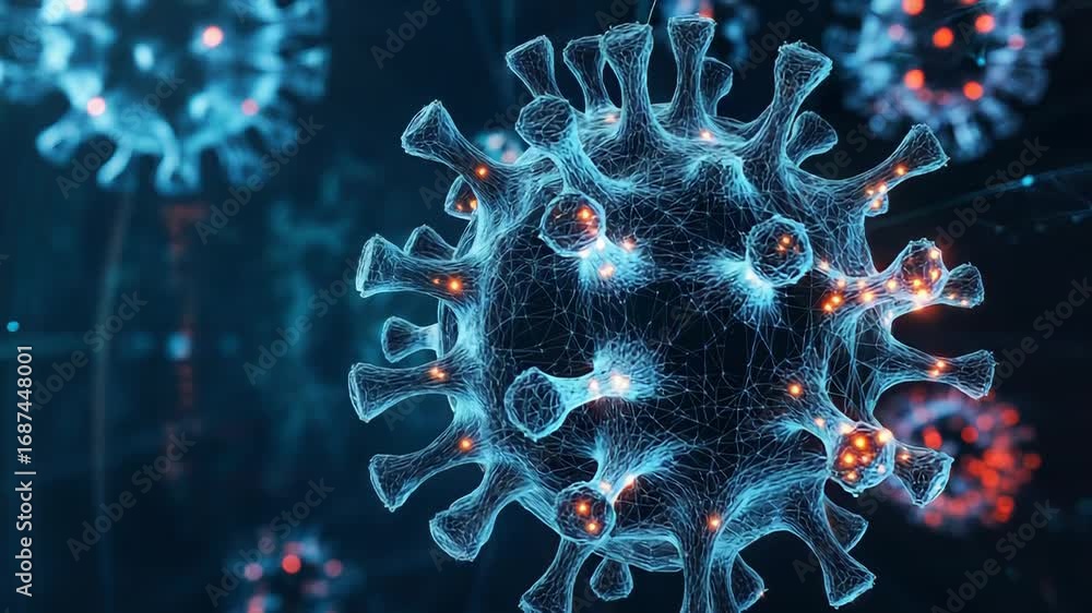 Poster microscopic view of coronavirus cells showing structure and danger