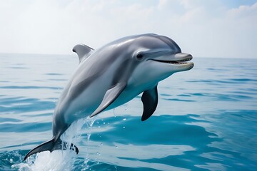 Obraz premium Bottlenose dolphin jumping out of the water in the ocean on a sunny day