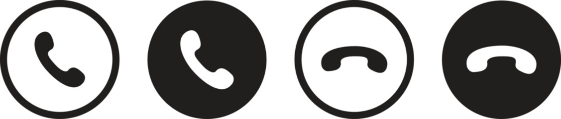 Phone call buttons icon set. Accept call and decline handset button collection. Phone dial symbols isolated on transparent background. Vector illustration.