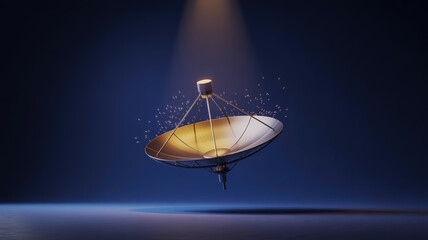 A photorealistic image of a satellite dish on a dark navy blue background