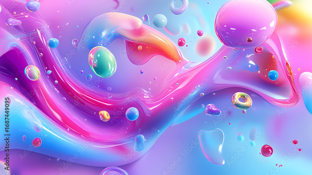 Poster abstract fluidity: vibrant gradient with translucent spheres and fluid elements