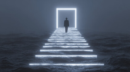 Man thinking deeply walks on glowing stairs over dark water toward bright square portal in foggy mysterious atmosphere