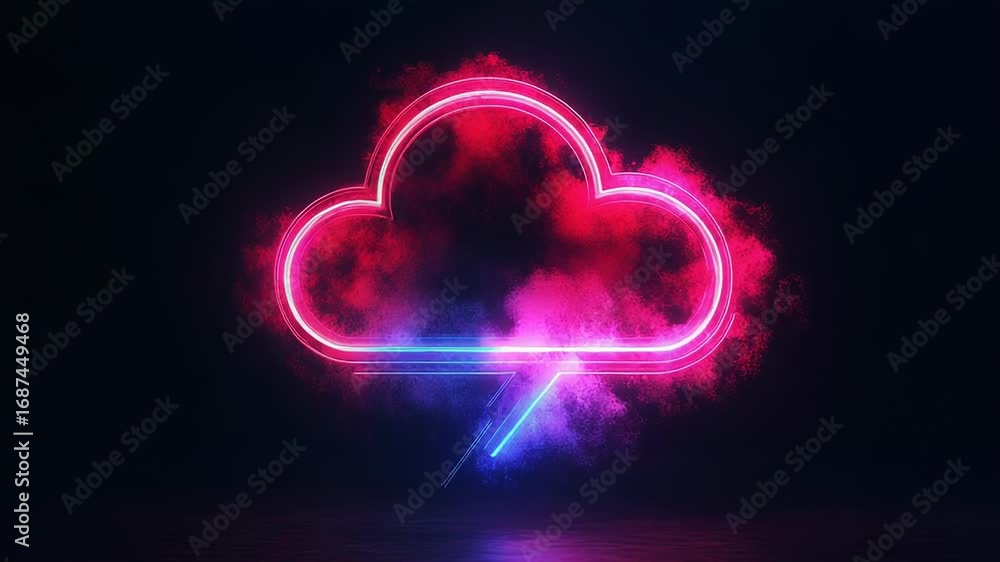 Poster neon cloud computing symbol with lightning bolt reflecting on wet floor