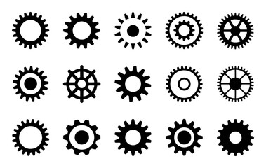 Collection of Black Gear and Cog Icons on White Background